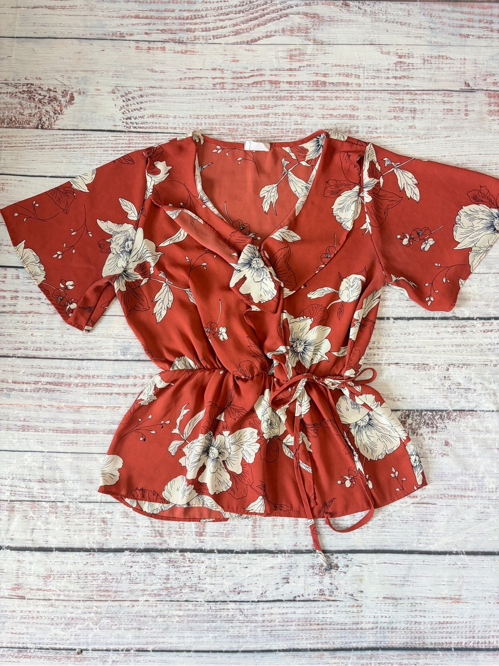 Sienna Sky Rust Floral Wrap Tie-Front Blouse